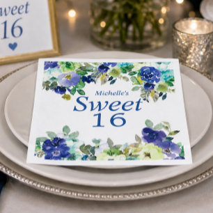 Navy Blue Sage Green Floral Sweet 16 Birthday Napkins