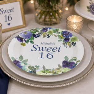 Navy Blue Sage Green Floral Sweet 16 Birthday Paper Plates