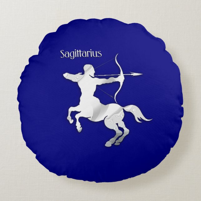 Navy Blue Sagittarius Zodiac Round Pillow (Front)