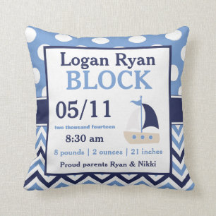 Navy Blue Sailboat Baby Announcement Pillow