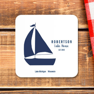 Navy Blue Sailboat Lake House Family Name Beverage Coaster
