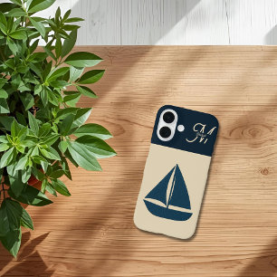 navy blue sailboat & Monogram Beige Coastal home iPhone 16 Case