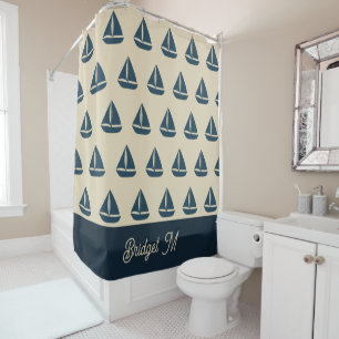 navy blue sailboat & Monogram Beige Coastal home Shower Curtain