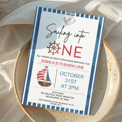 Navy Blue Sailboat Sailing into One 1st Birthday  Invitation