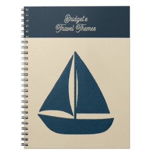 navy blue sailboat with Beige name Coastal travel Notebook