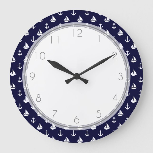 Navy Blue Sailboats and Anchors Pattern Large Clock (Front)