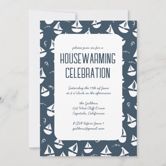 Navy Blue Sailboats Cute Beach Housewarming Party Invitation (Front)