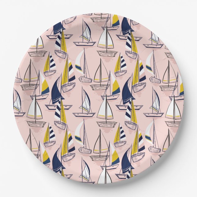 Navy Blue Sailboats  Paper Plates (Front)