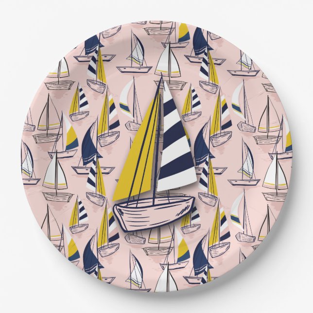 Navy Blue Sailboats Paper Plates (Front)