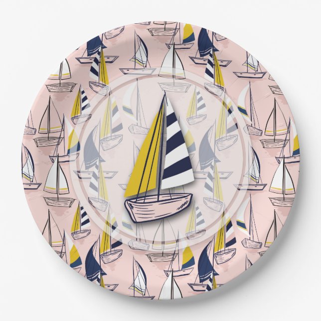 Navy Blue Sailboats Party Paper Plates (Front)