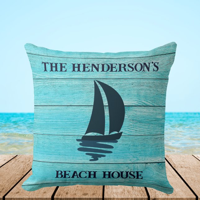 Navy Blue Sailing Boat Family Name Beach House Throw Pillow (Creator Uploaded)