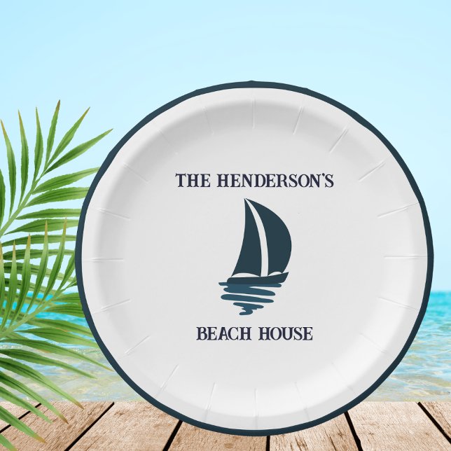 Navy Blue Sailing Boat Nautical Beach House Party Paper Plates (Creator Uploaded)