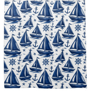 Navy blue sailing boats nautical pattern shower curtain