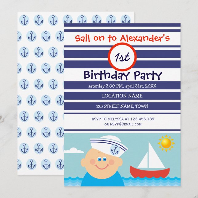 Navy Blue Sailor Boy and Sailboat First Birthday Invitation (Front/Back)