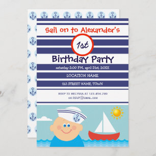 Navy Blue Sailor Boy and Sailboat First Birthday Invitation