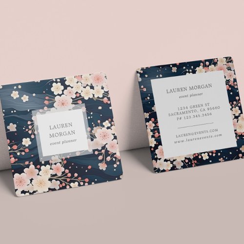 Navy Blue Sakura Flowers Square Business Card