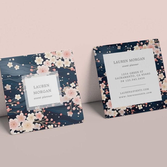 Navy Blue Sakura Flowers Square Business Card (Creator Uploaded)