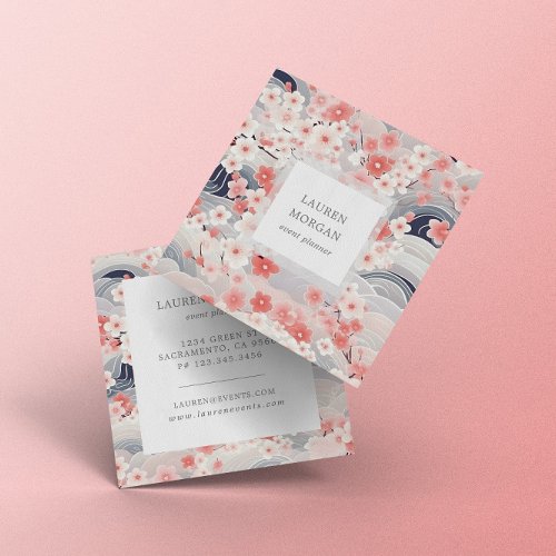 Navy Blue Sakura Flowers Square Business Card