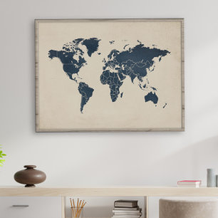Navy Blue & Sand Beige World Map Wall Art Print