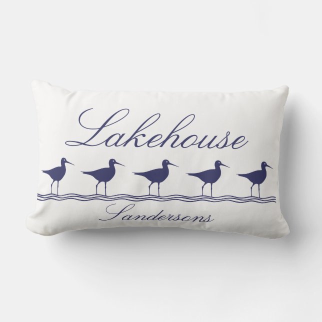 Navy Blue Sandpiper Bird Lakehouse Lumbar Pillow (Front)