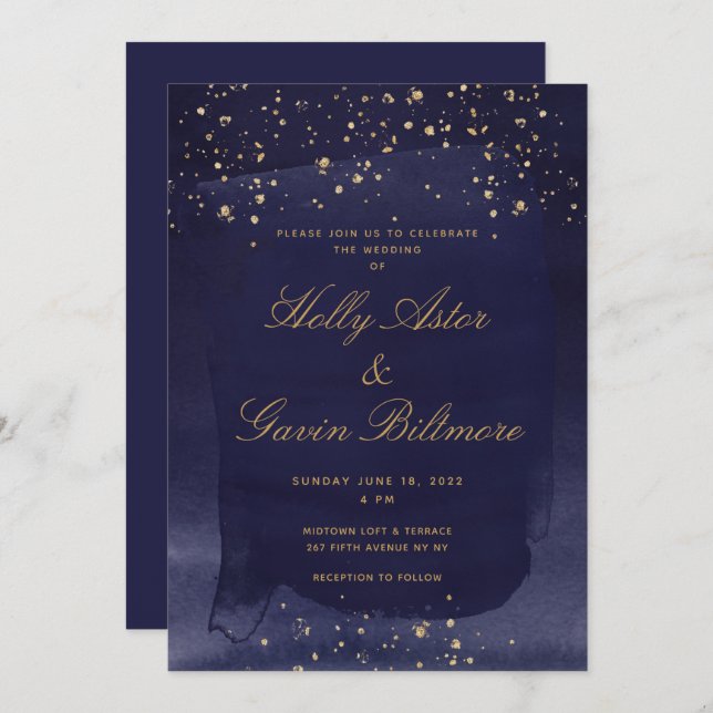 Navy Blue Sapphire & Gold Wedding Invitation (Front/Back)