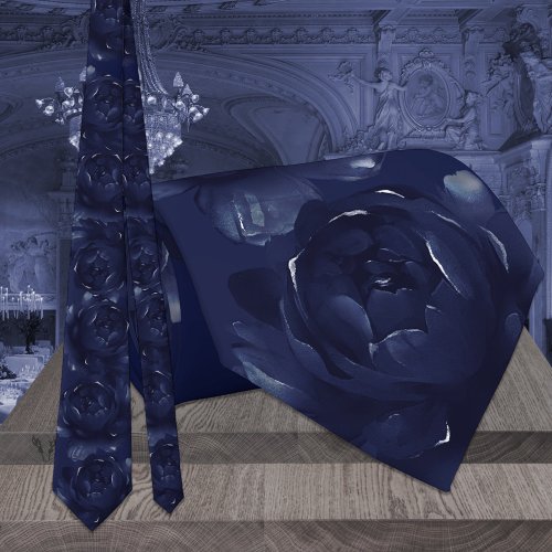 Navy Blue Sapphire Peony Wedding Neck Tie