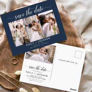 Navy Blue Save the Date 4 Photo Modern Postcard