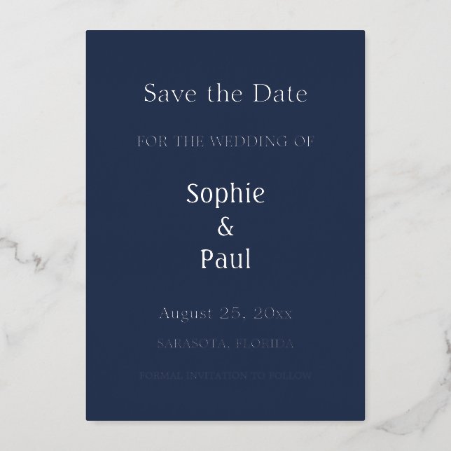 Navy Blue Save the Date Foil Invitation (Front)