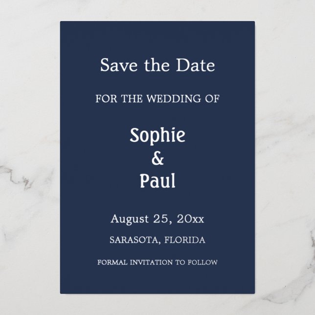 Navy Blue Save the Date Foil Invitation (Front)