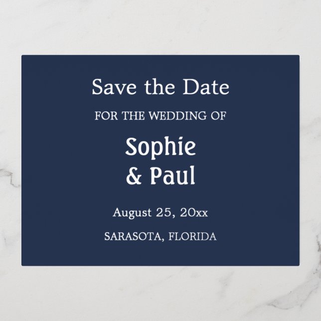 Navy Blue Save the Date Foil Invitation Postcard (Front)