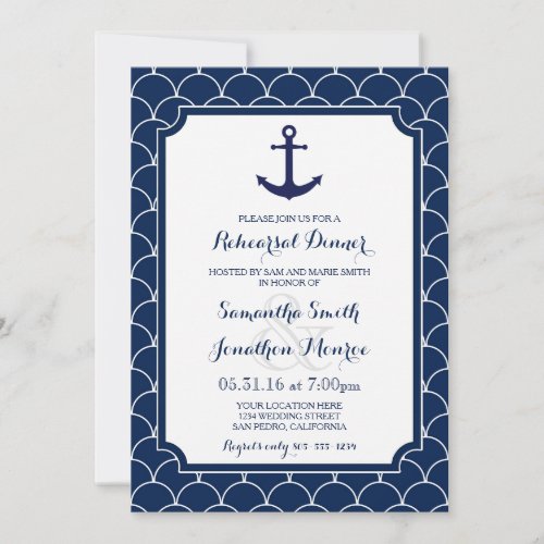 Navy Blue Scallop Nautical Rehearsal Dinner Invitation