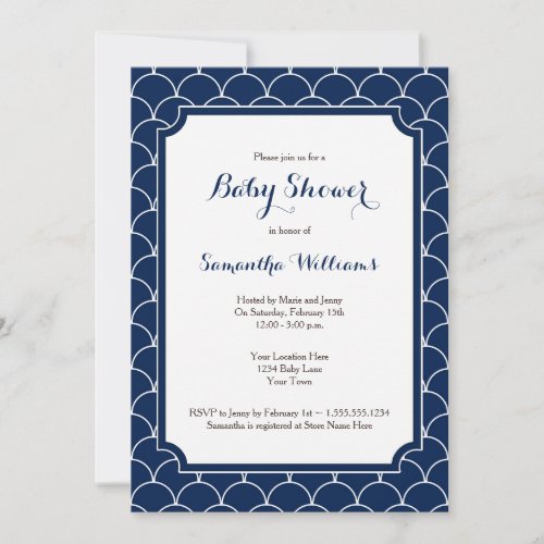 Navy Blue Scallop Pattern Baby Shower Invitation