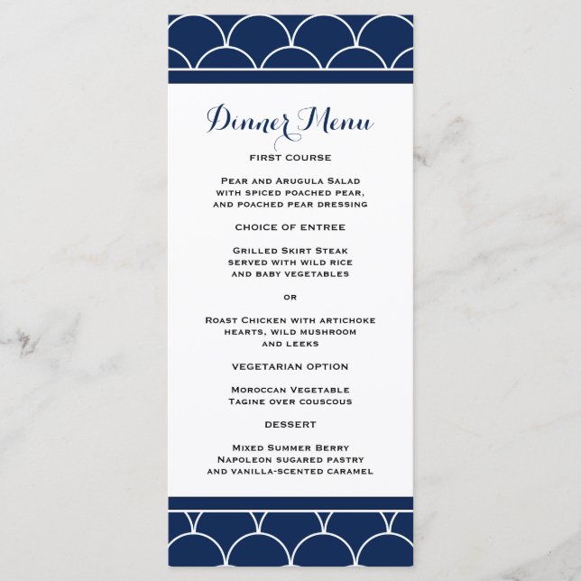 Navy Blue Scallop Pattern Slim Dinner Menu (Front)