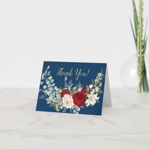 Navy Blue Scarlet Peony Floral Bouquet Thank You Card