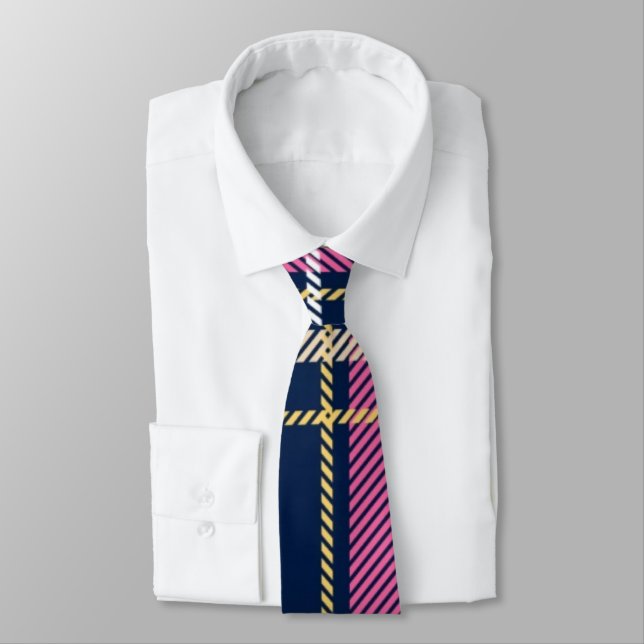 Navy Blue Scottish Tartan Plaid Pink White Stripe  Neck Tie (Tied)