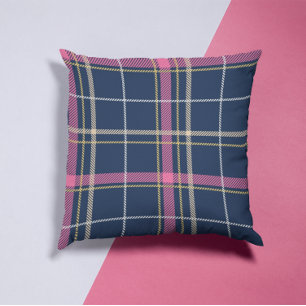 Navy Blue Scottish Tartan Plaid Pink White Stripe Throw Pillow