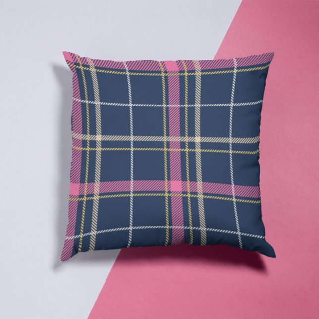 Navy Blue Scottish Tartan Plaid Pink White Stripe Throw Pillow (Creator Uploaded)