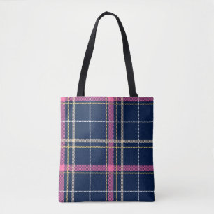 Navy Blue Scottish Tartan Plaid Pink White Stripe Tote Bag