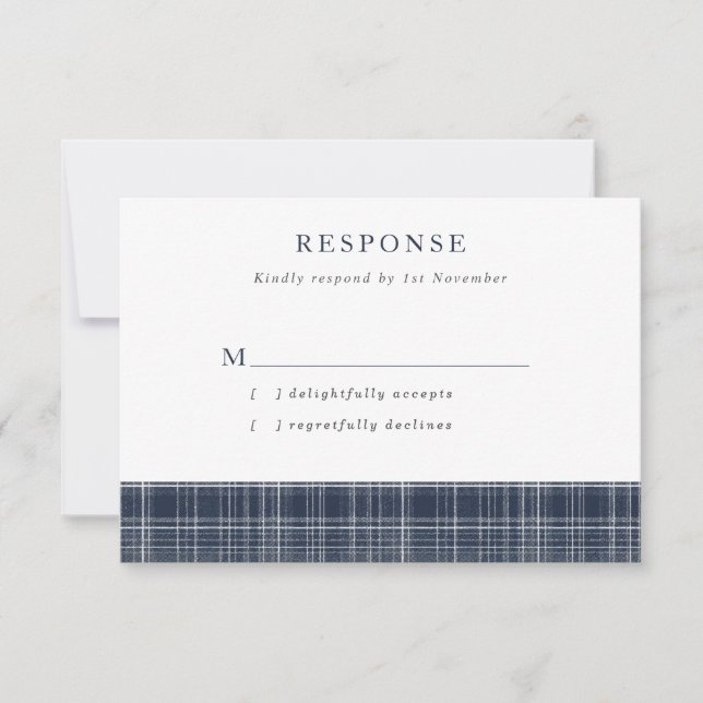 Navy Blue Scottish Tartan Wedding RSVP Card (Front)