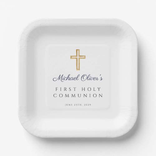 Navy Blue Script Boy First Holy Communion Paper Plates