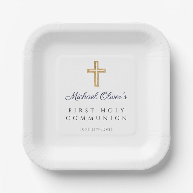 Navy Blue Script Boy First Holy Communion Paper Plates (Front)