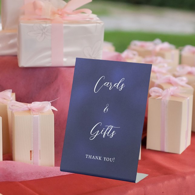 Navy blue script cards gifts sign (Creator Uploaded)