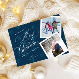 Navy Blue Script Collage Merry Christmas Photo Holiday Card