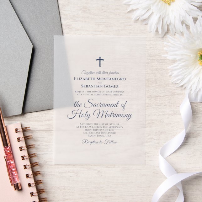 Navy Blue Script Elegant Modern Catholic Wedding Vellum Invitations (Wedding)