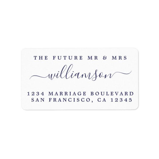 Navy Blue Script Future Mr Mrs Return Address Label (Front)