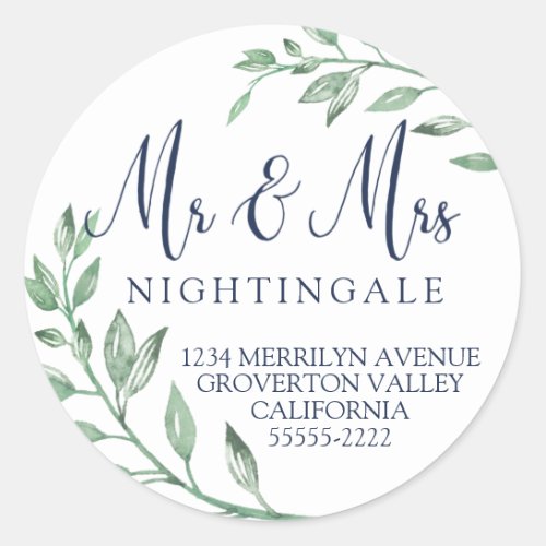 Navy Blue Script Green Vine Wedding Return Address Classic Round Sticker