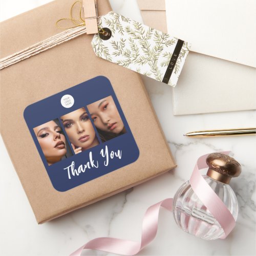 Navy Blue Script Logo Photo Makeup Thank You Square Sticker