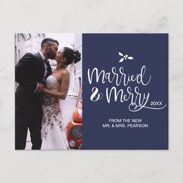 Navy Blue Script Married and Merry Christmas  Holiday Postcard (Front)