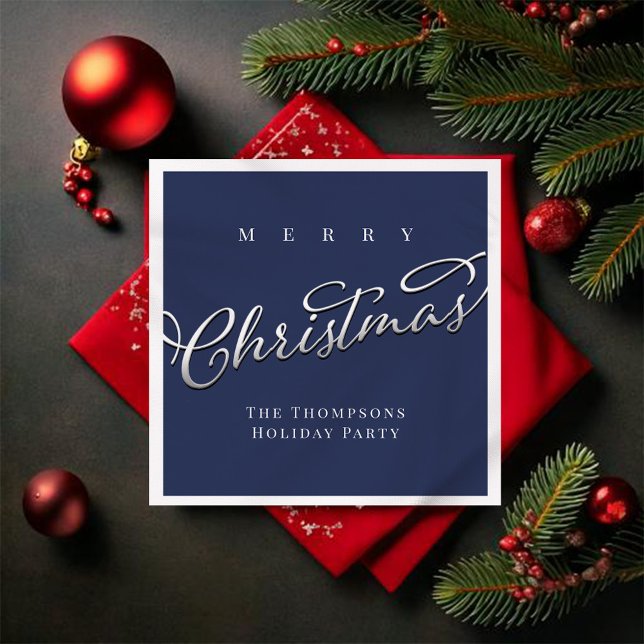 Navy Blue Script Merry Christmas Custom  Napkins (Merry Christmas navy blue custom napkin)