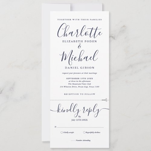 Navy Blue Script Minimalist All In One Wedding Invitation